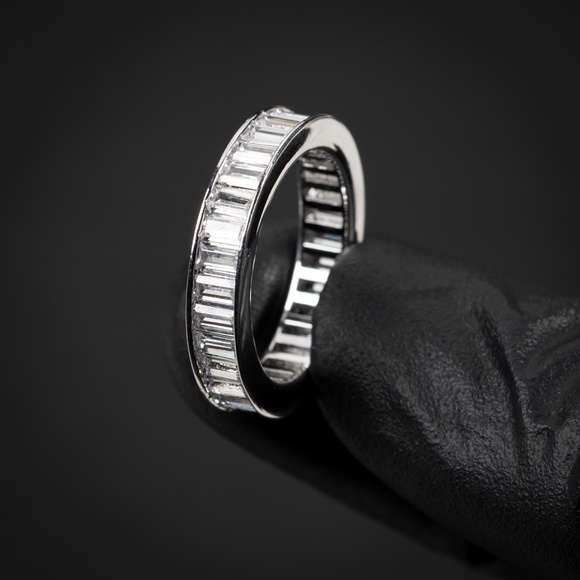 Mens Iced Channel Set Cz Baguette White Gold Plated Eternity Band Statement Ring - Picture 5 of 5